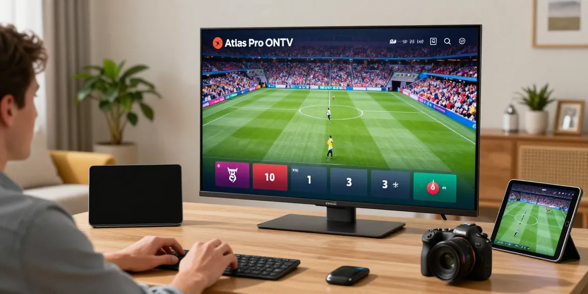 Person utilisant l'application Atlas Pro ONTV pour une expérience de divertissement immersive à domicile.