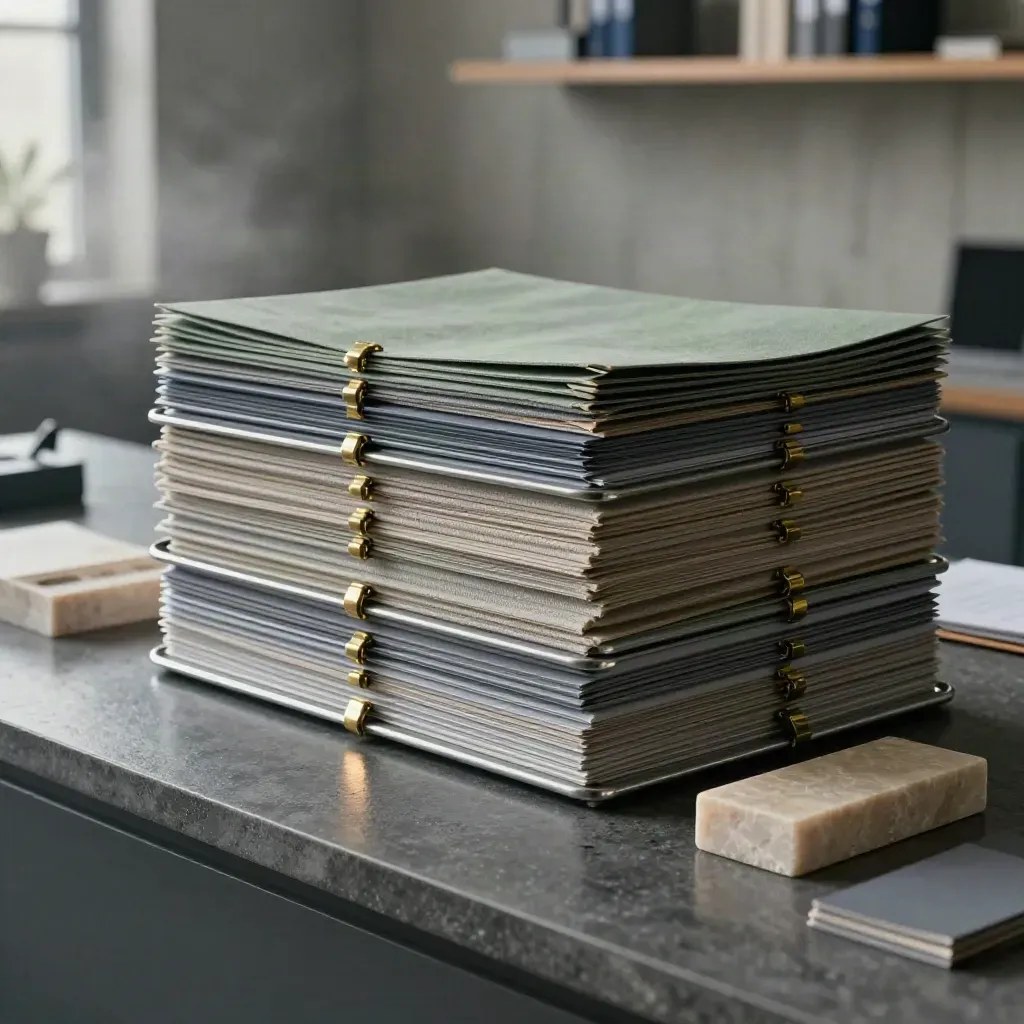 Pile de bacs de planning en aluminium et dossiers en lin, lumière dramatique du matin.