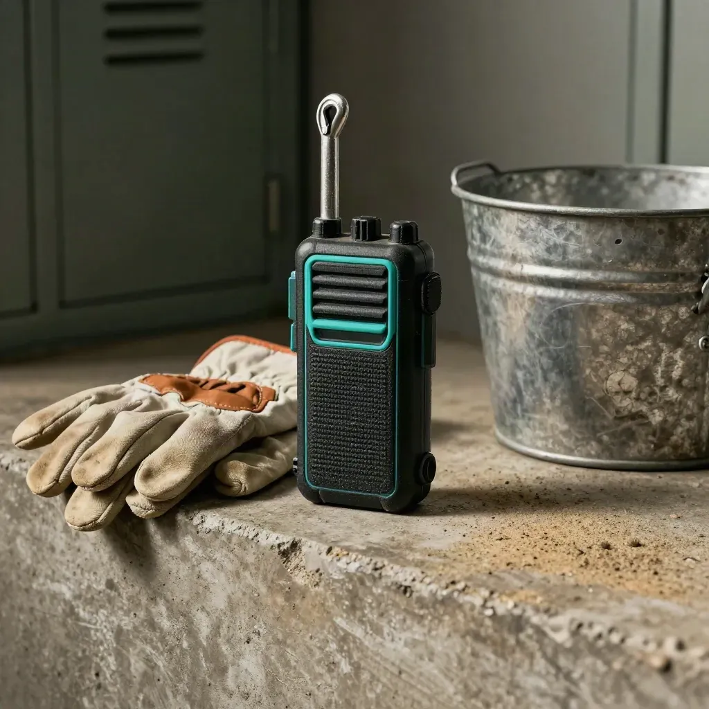 Radio de chantier, crochet de sécurité, gant plié et seau métallique sur béton sombre.