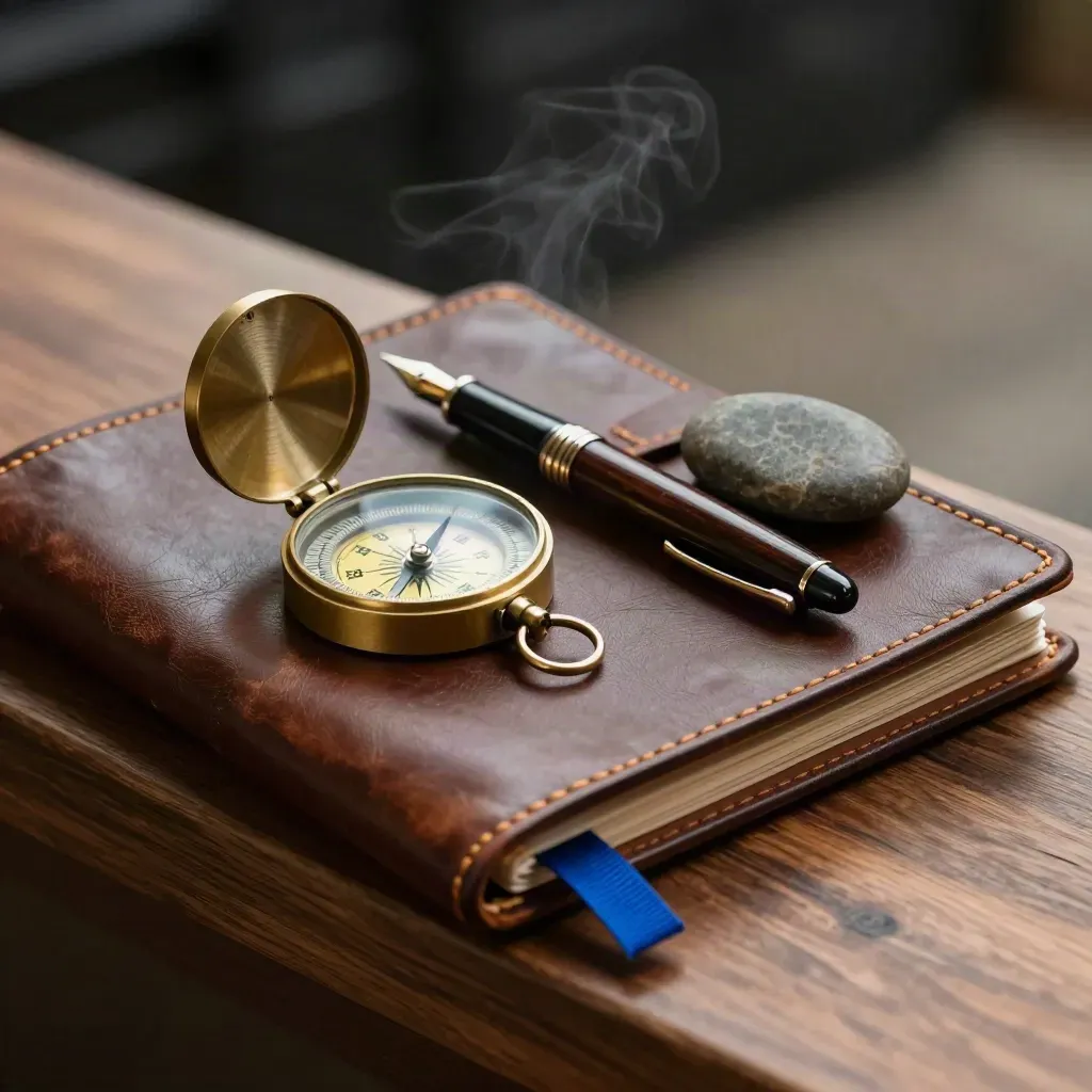 Porte-documents en cuir, boussole en laiton, stylo plume et pierre sous lumière chaude.