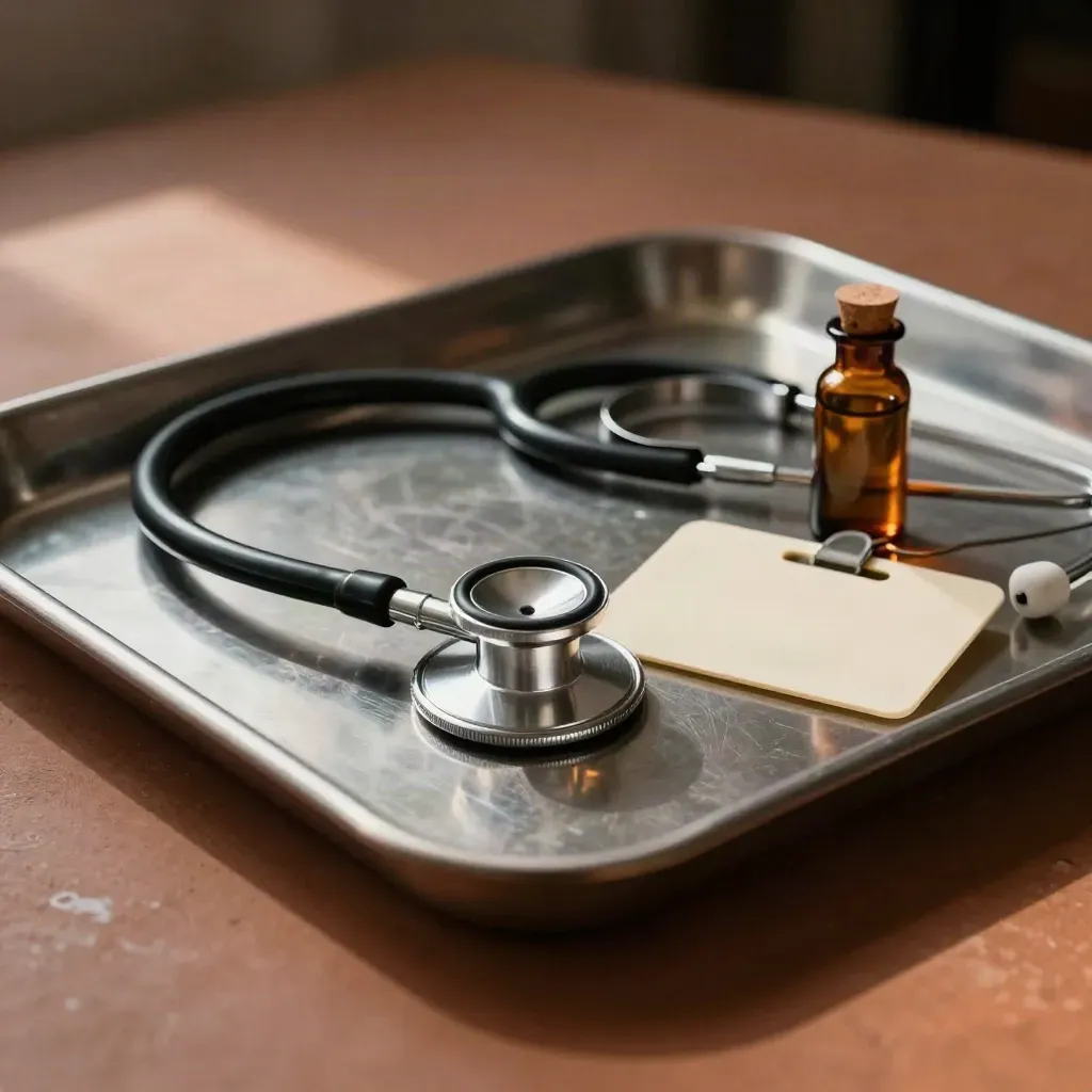 Gros plan d’un stéthoscope sur un plateau inox, badge vierge et flacon ambré sur fond terracotta.